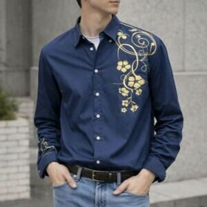 PIZZ ANNU Button-Up Shirt Men's Size XL Long Sleeve Navy Hipster Business Casual